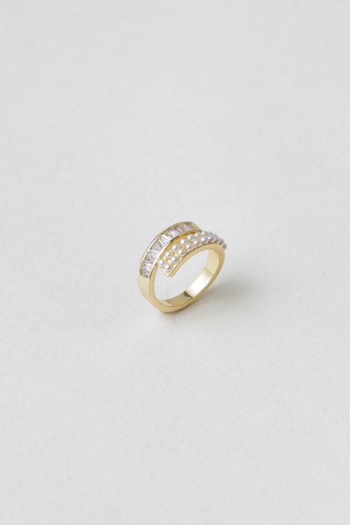 Anel Strass E Fileira Dupla De Pérolas Dourado