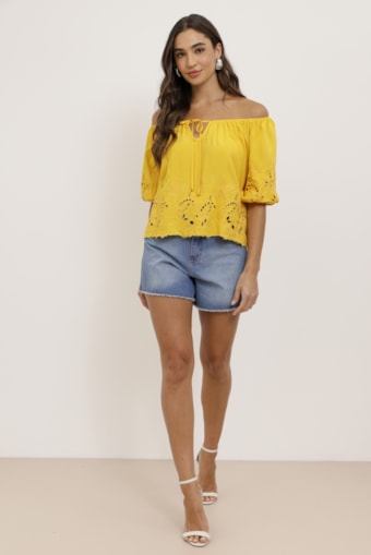 Bata Viscose Manga Bordada Amarelo