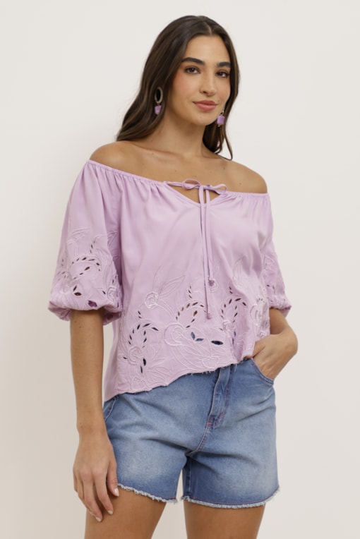 Bata Viscose Manga Bordada Lilas
