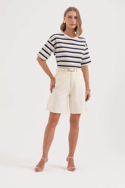 Bermuda Sarja Recorte Lateral Com Cinto Off-white
