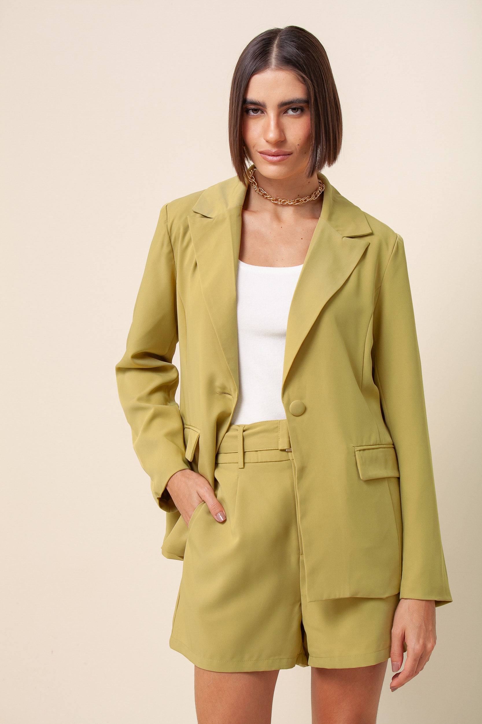 Blazer Alfaiataria Acinturado Bolsos  Verde 