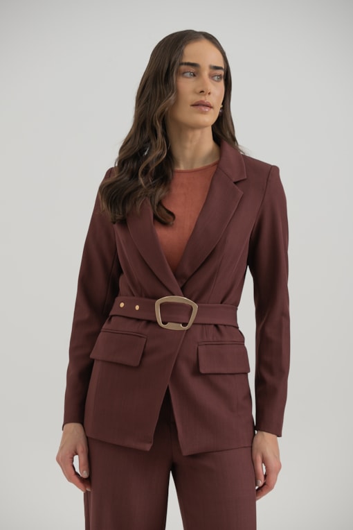 Blazer Alfaiataria Cinto Fivela Grande Ameixa
