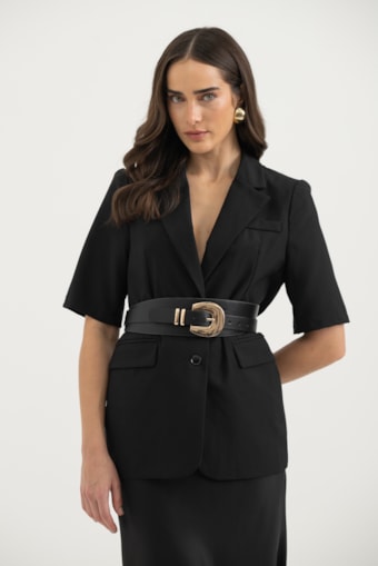 Blazer Alfaiataria Manga Curta Alongado Preto