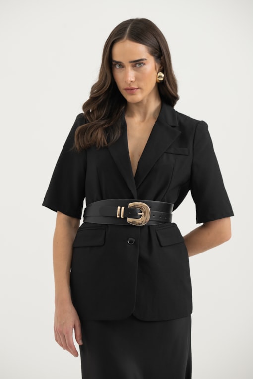 Blazer Alfaiataria Manga Curta Alongado Preto