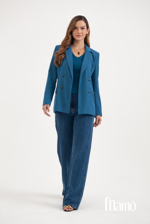 Blazer Com Bolsos E Botões Quadrados Azul