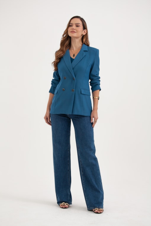 Blazer Com Bolsos E Botões Quadrados Azul