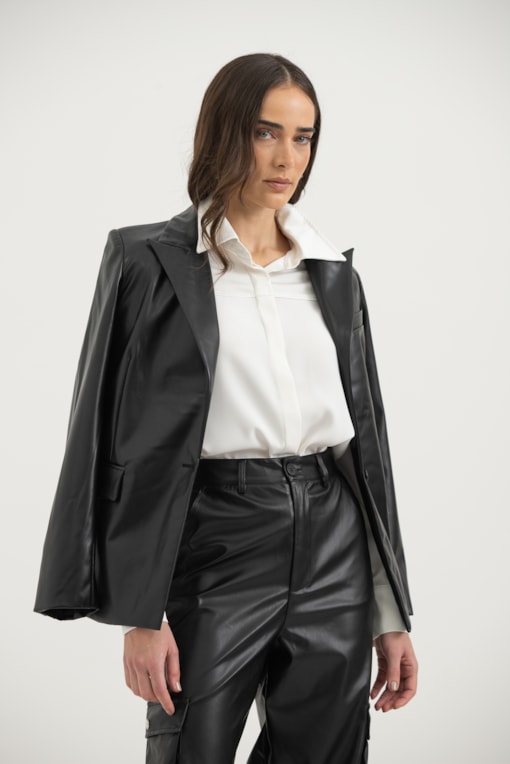 Blazer Em PU Manga Longa  Preto