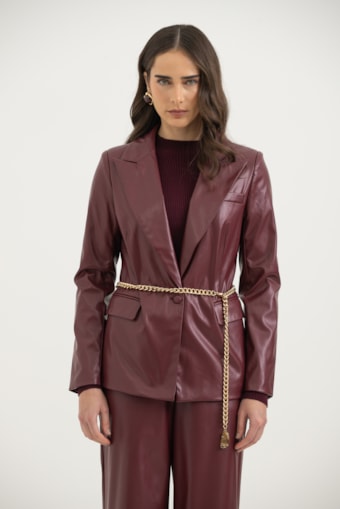 Blazer Em PU Manga Longa Vinho