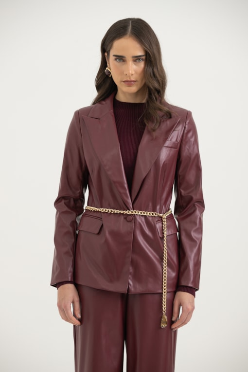 Blazer Em PU Manga Longa  Vinho
