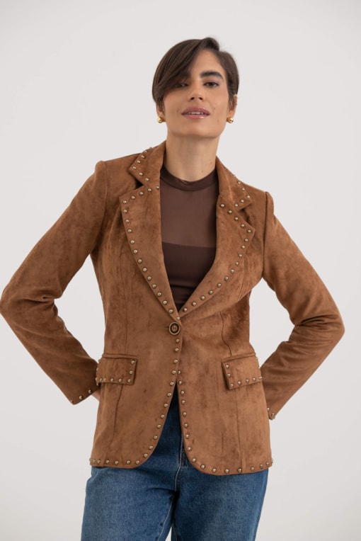 Blazer Em Suede Com Tachas Caramelo