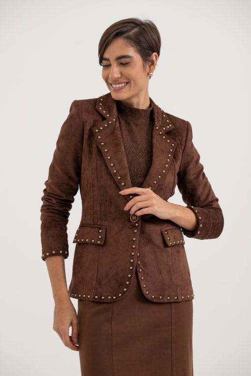 Blazer Em Suede Com Tachas Marrom