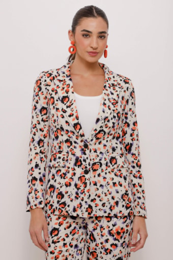 Blazer Navy Acinturado Crepe Estampa Oncinha Azul