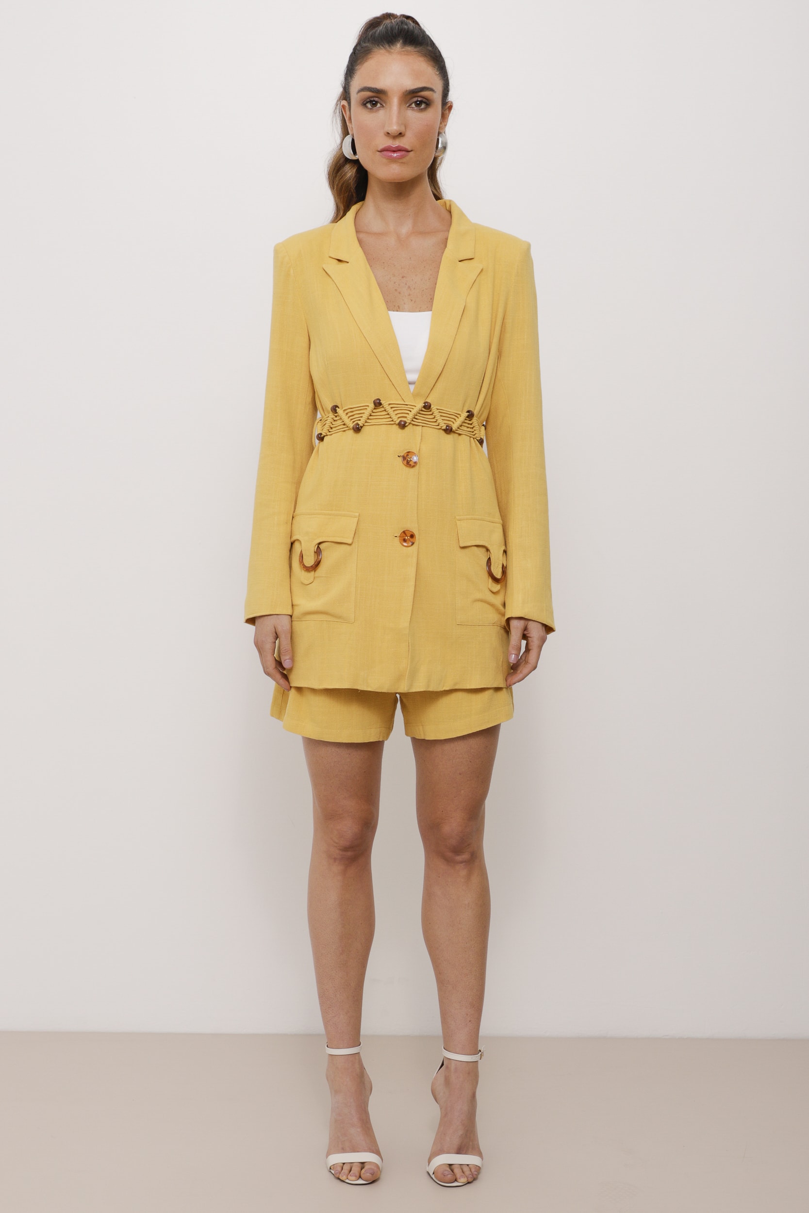 Blazer Viscolinho Utilitário Com Cinto  Amarelo