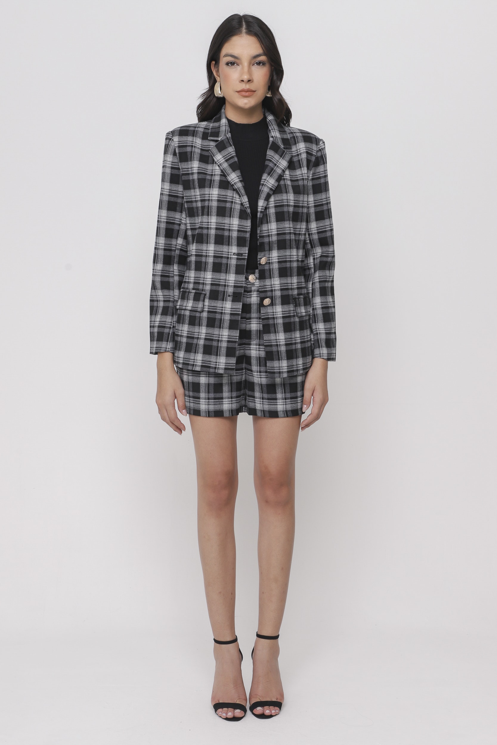 Blazer Xadrez Alongado com Forro Acetinado Preto