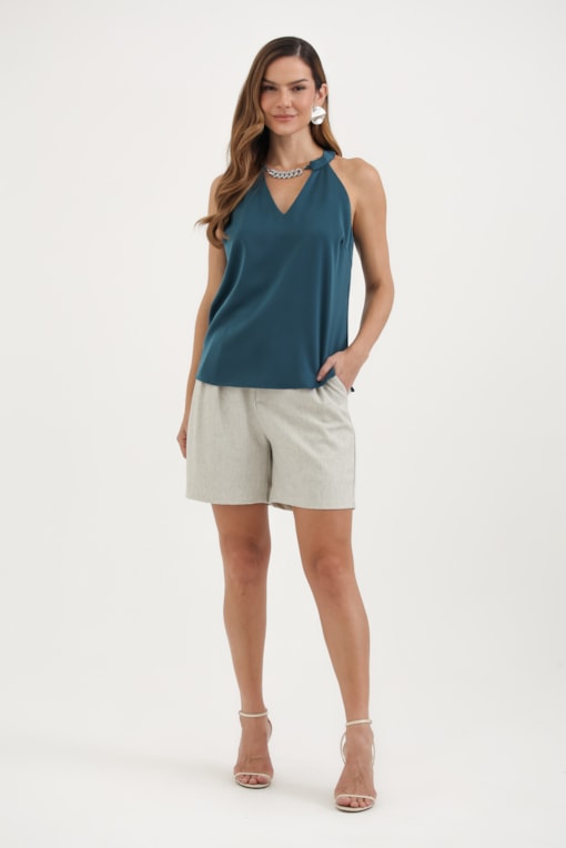 Blusa Acetinada Aviamento Decote Verde 