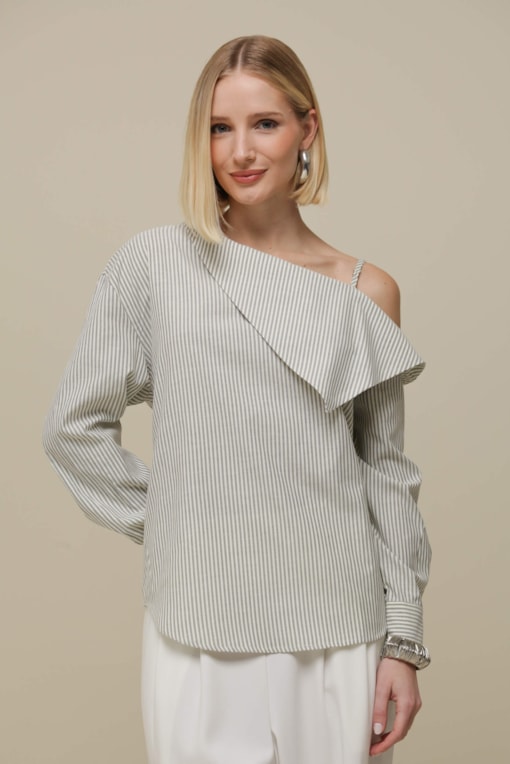 Blusa Assimétrica Listras Manga Longa Cinza