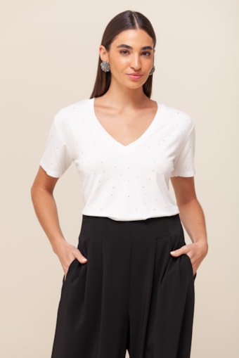 Blusa Brilhos Decote V  Off-white
