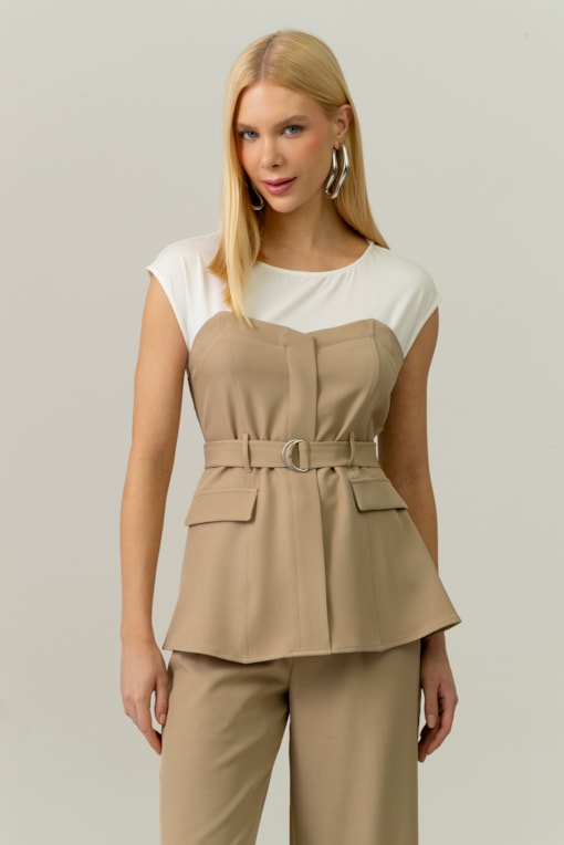 Blusa Com Corpete Alfaiataria Acoplado Bege