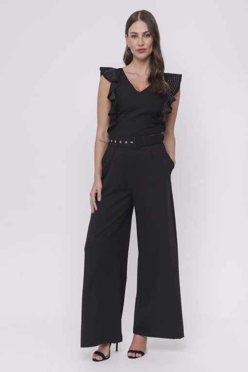 Blusa Cropped Babados e Strass Preto