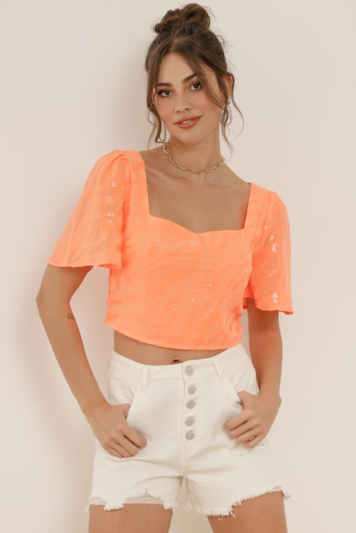 Blusa Cropped Chiffon Paetê Neon Laranja
