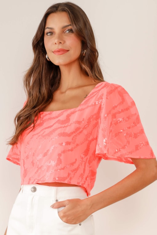 Blusa Cropped Chiffon Paetê Neon Pink