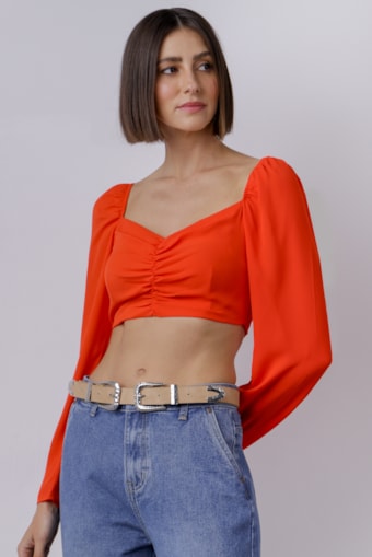 Blusa Cropped Decote Franzido  Laranja