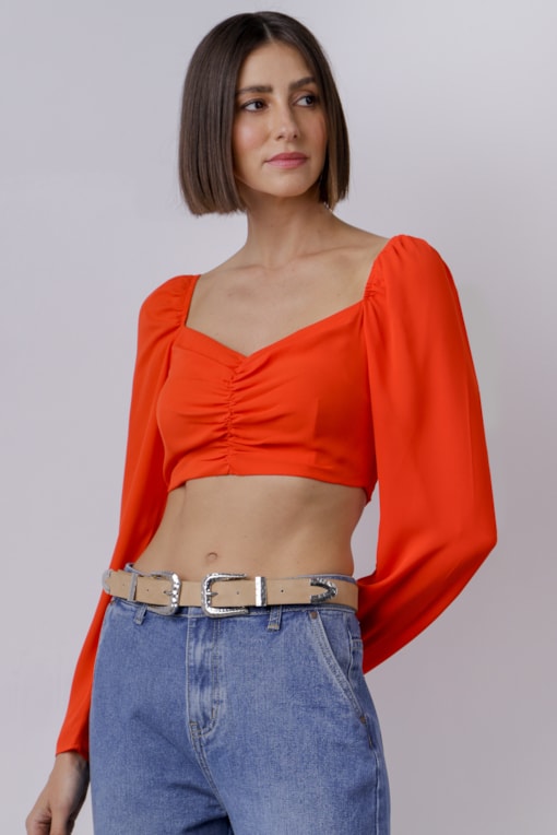 Blusa Cropped Decote Franzido  Laranja