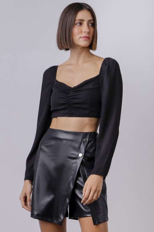 Blusa Cropped Decote Franzido  Preto