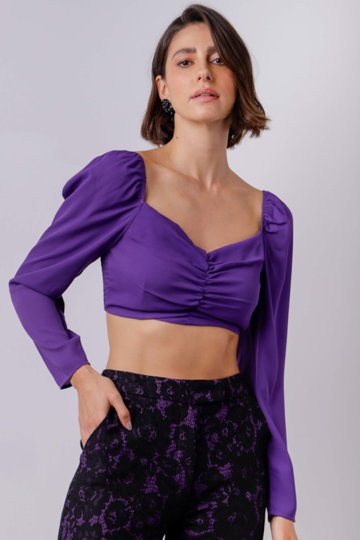 Blusa Cropped Decote Franzido  Roxo 