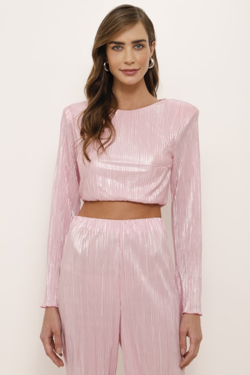 Blusa Cropped Plissada Metalizada  Rosa