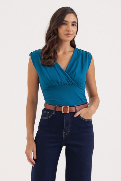 Blusa Drapeada Decote Transpassado Azul