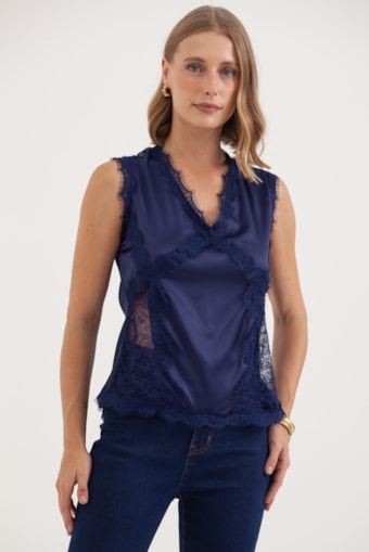 Blusa Em Cetim Com Detalhes E Costas Renda Marinho 