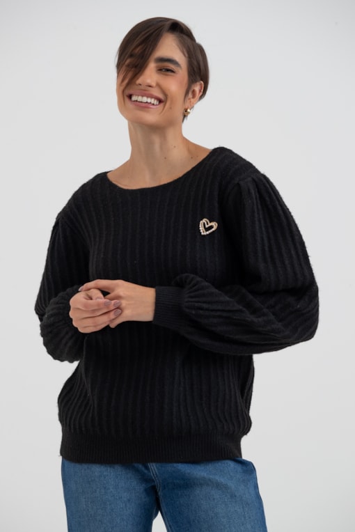Blusa Em Tricot Canelado Com Decote Canoa  Preto