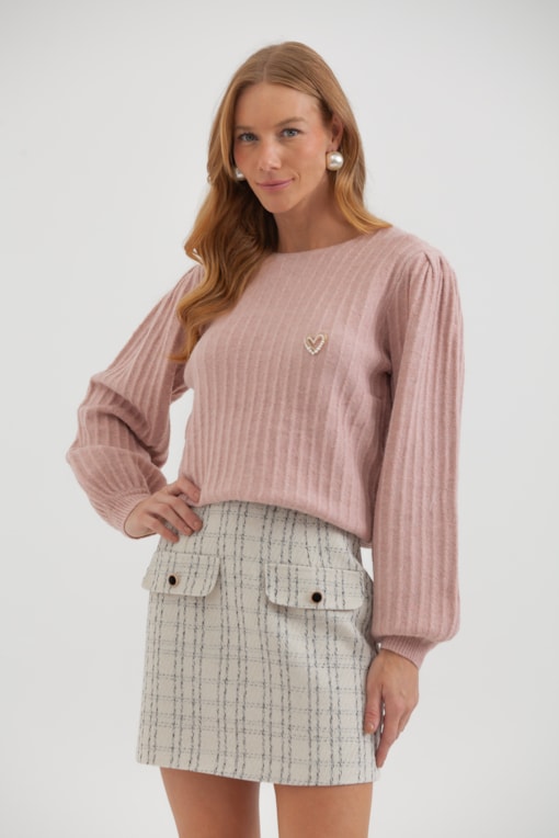 Blusa Em Tricot Canelado Com Decote Canoa  Rosê