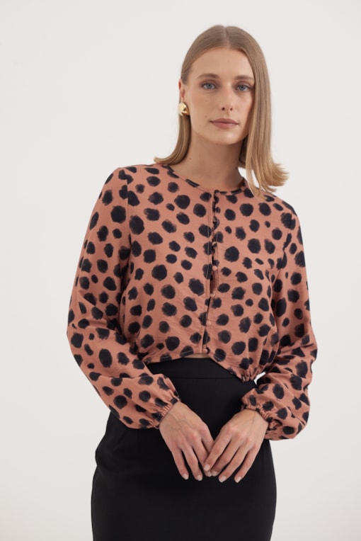 Blusa Estampa Animal Brush Manga Longa Marrom