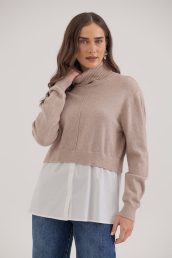 Blusa Gola Alta Com Camisa Bege