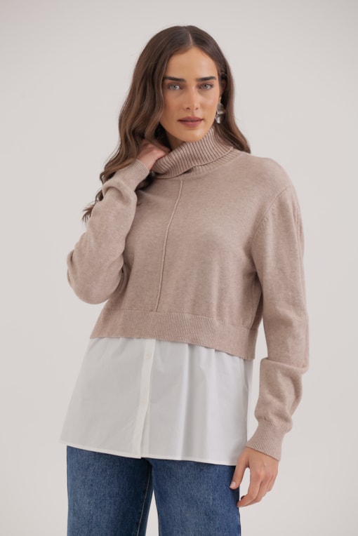 Blusa Gola Alta Com Camisa Bege