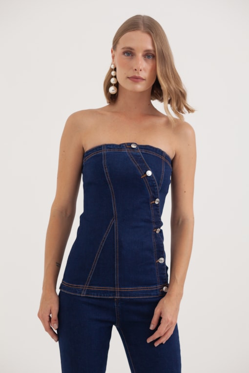 Blusa Jeans Sem Alça Botões Diagonais Jeans