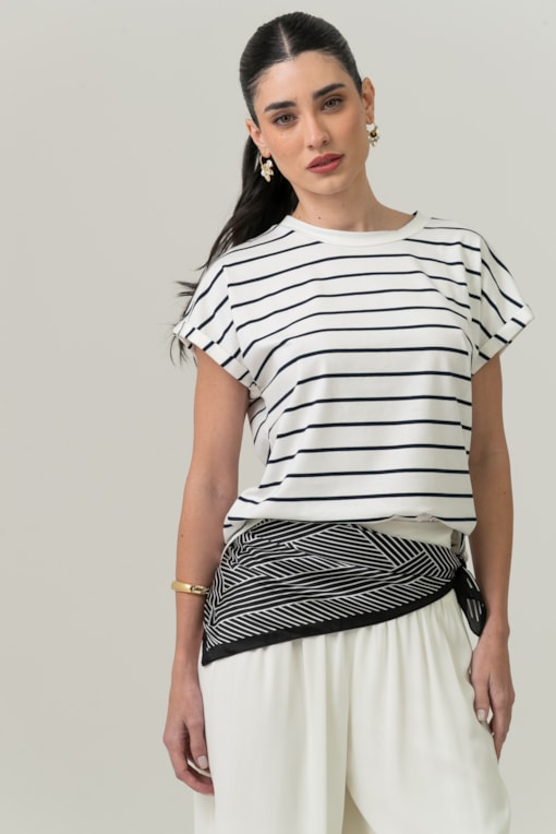 Blusa Listrada Manga E Cava Caída Marinho