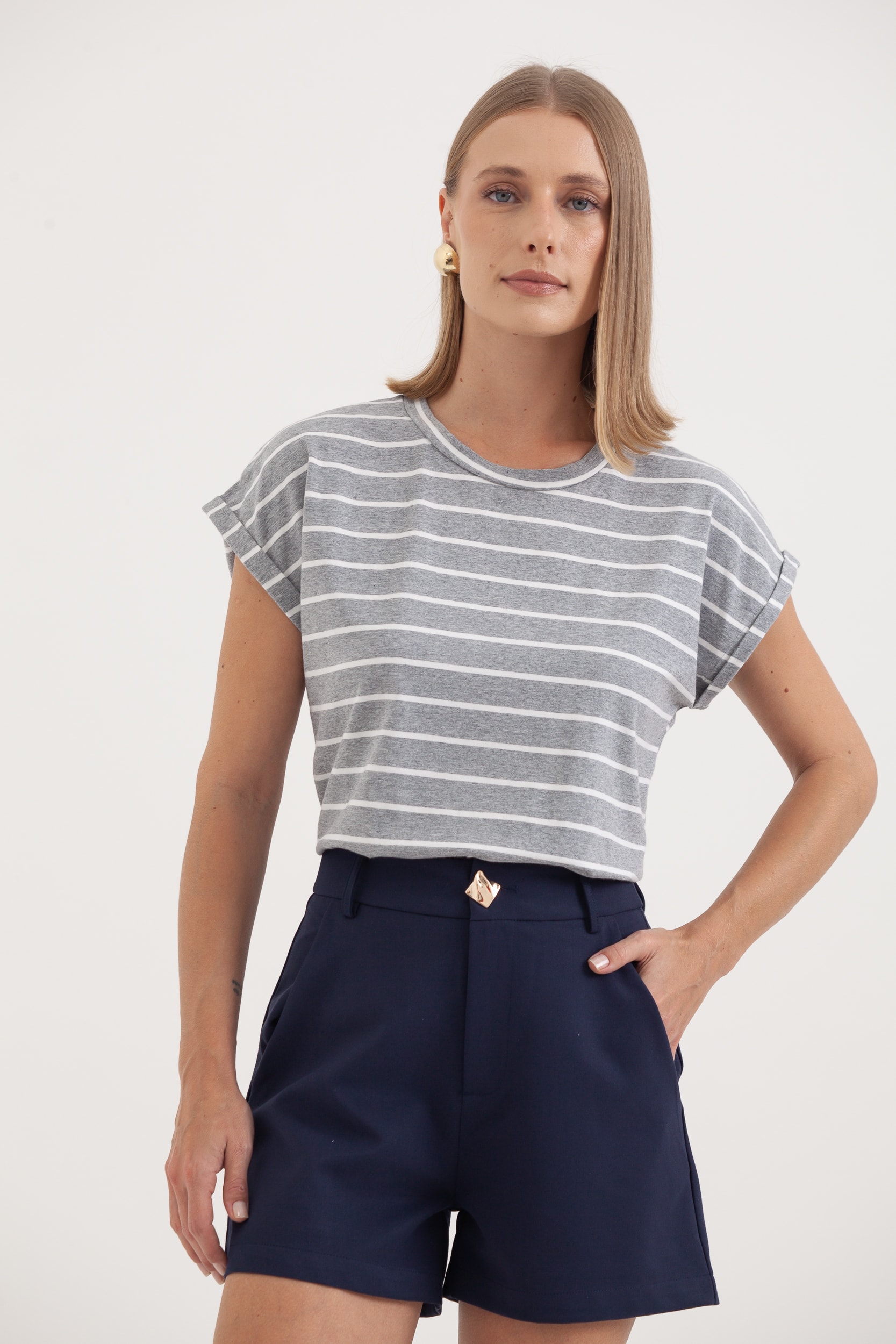 Blusa Listrada Manga E Cava Caída Mescla