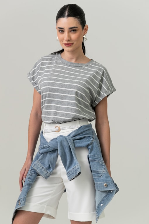 Blusa Listrada Manga E Cava Caída Mescla