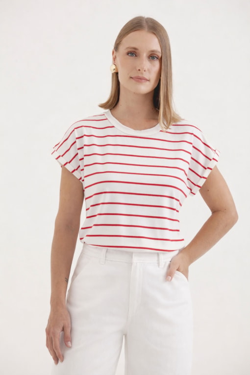 Blusa Listrada Manga E Cava Caída Vermelho
