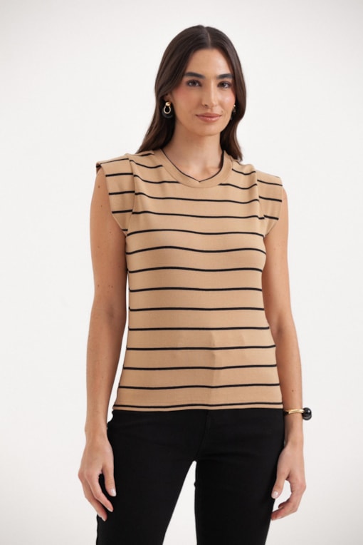Blusa Listrada Meia Manga Bege