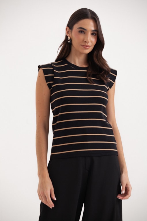Blusa Listrada Meia Manga Preto