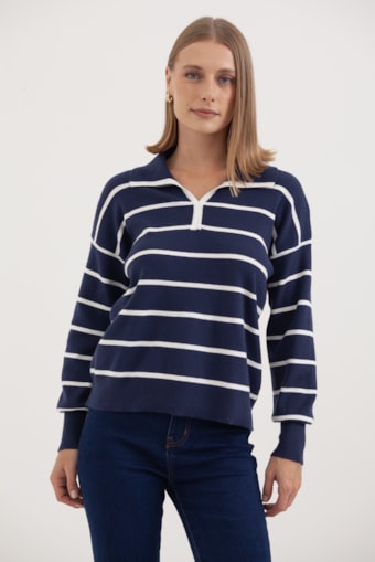 Blusa Listrada Tricot Gola Marinho 