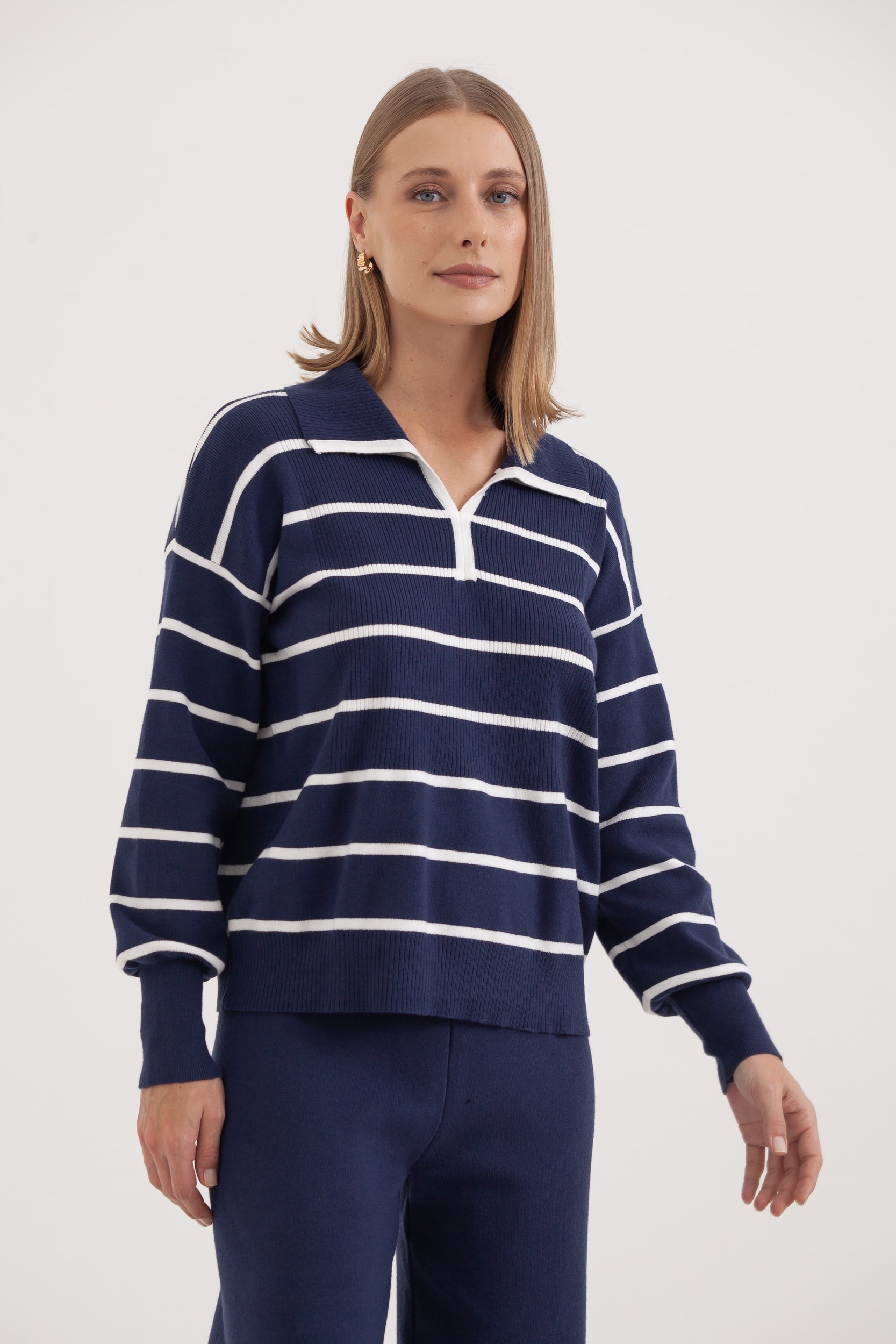 Blusa Listrada Tricot Gola Marinho 