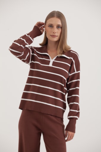Blusa Listrada Tricot Gola Marrom