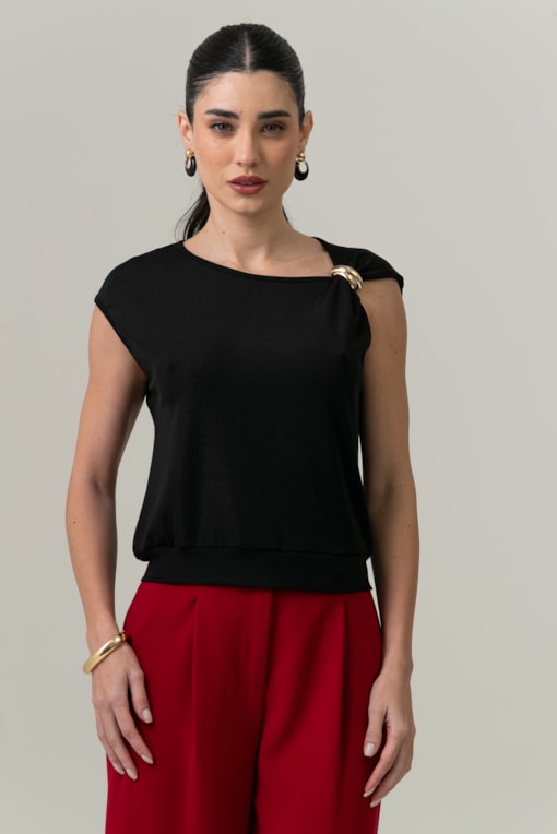 Blusa Lurex Assimétrica Aviamento Preto