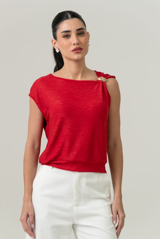 Blusa Lurex Assimétrica Aviamento Vermelho