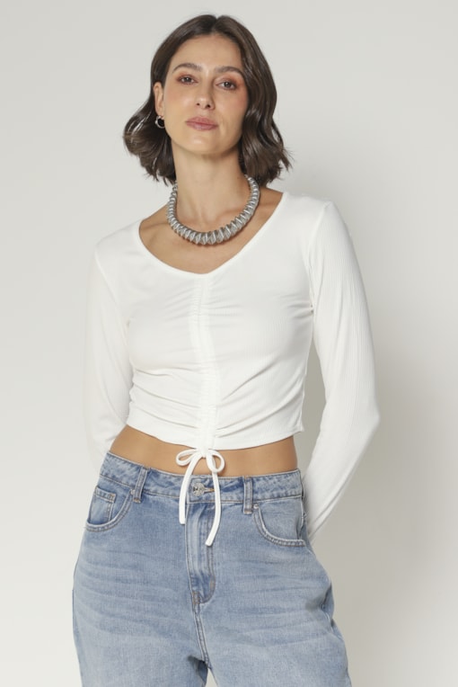 Blusa Malha Canelada Franzida Off-white